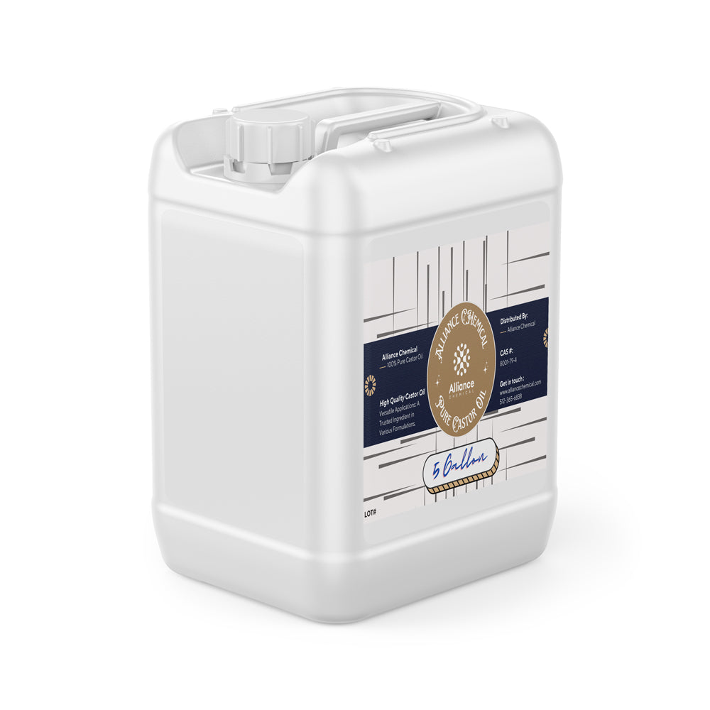 5-gallon white HDPE container of pure castor oil with Alliance Chemical branding, industrial-grade labeling and secure screw-top closure.